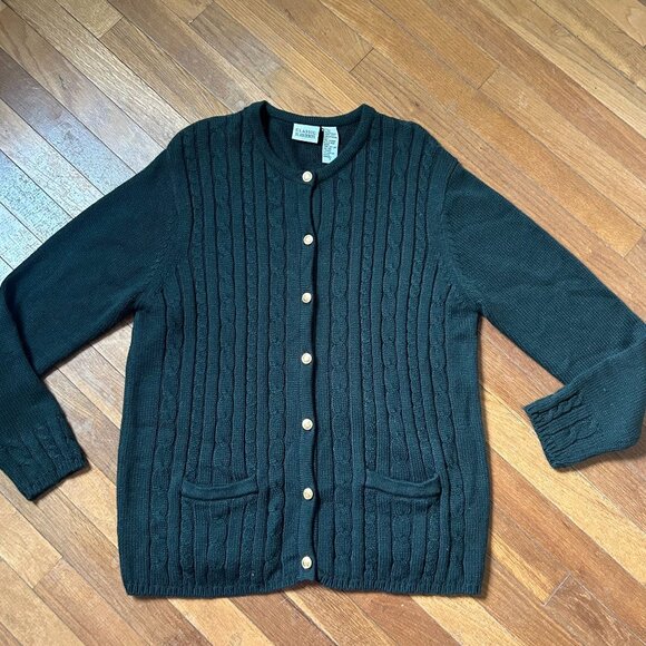 Womens Cable Knit Cardigan Sweater Button Front Dark Green Size M - Picture 1 of 8